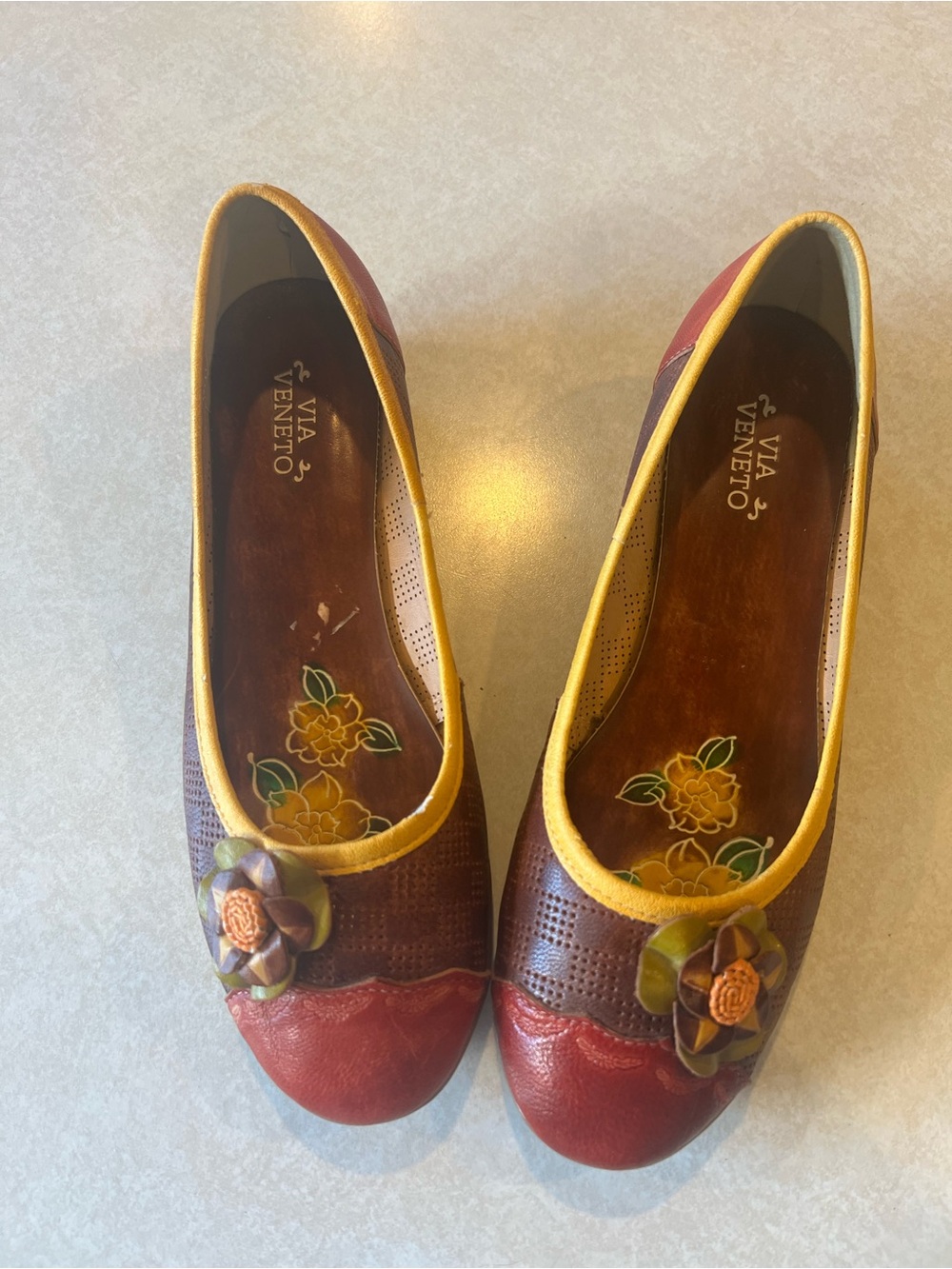 Via Veneto Red, Brown and Yellow Floral Leather Ballet Flats